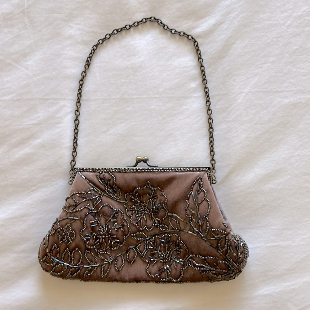 Velvet Beaded shoulder strap/clutch vintage bag sparkly champagne color